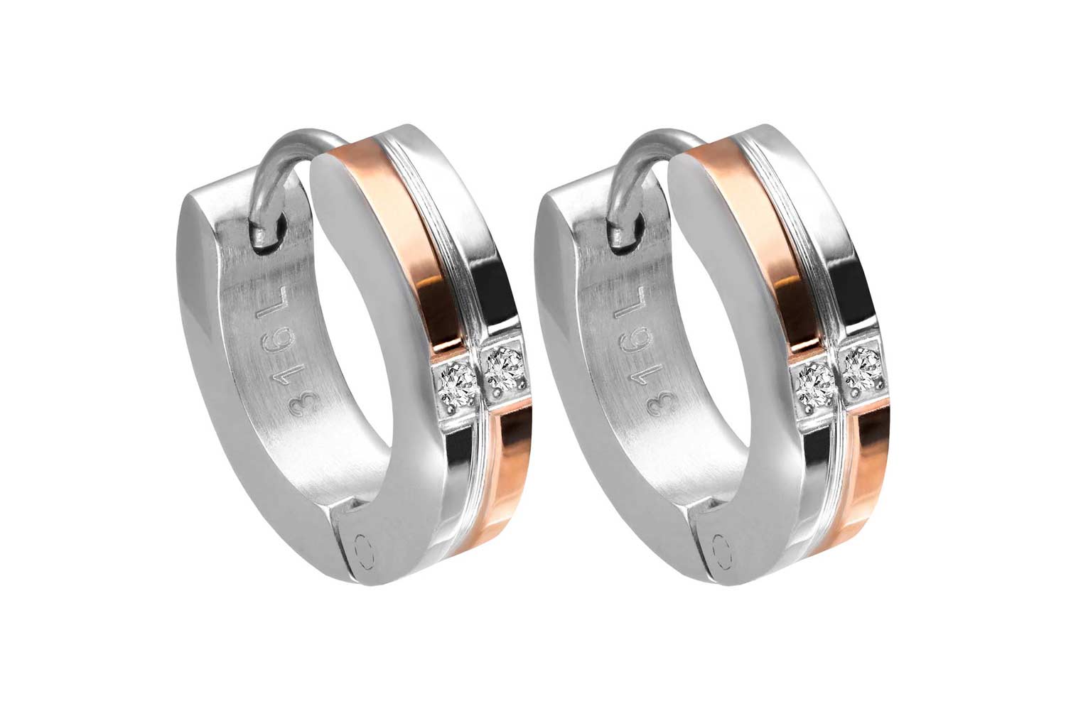 Chirurgenstahl Creolen ROSÉGOLDFARBENE STREIFEN + 2 KRISTALLE von Piercingline